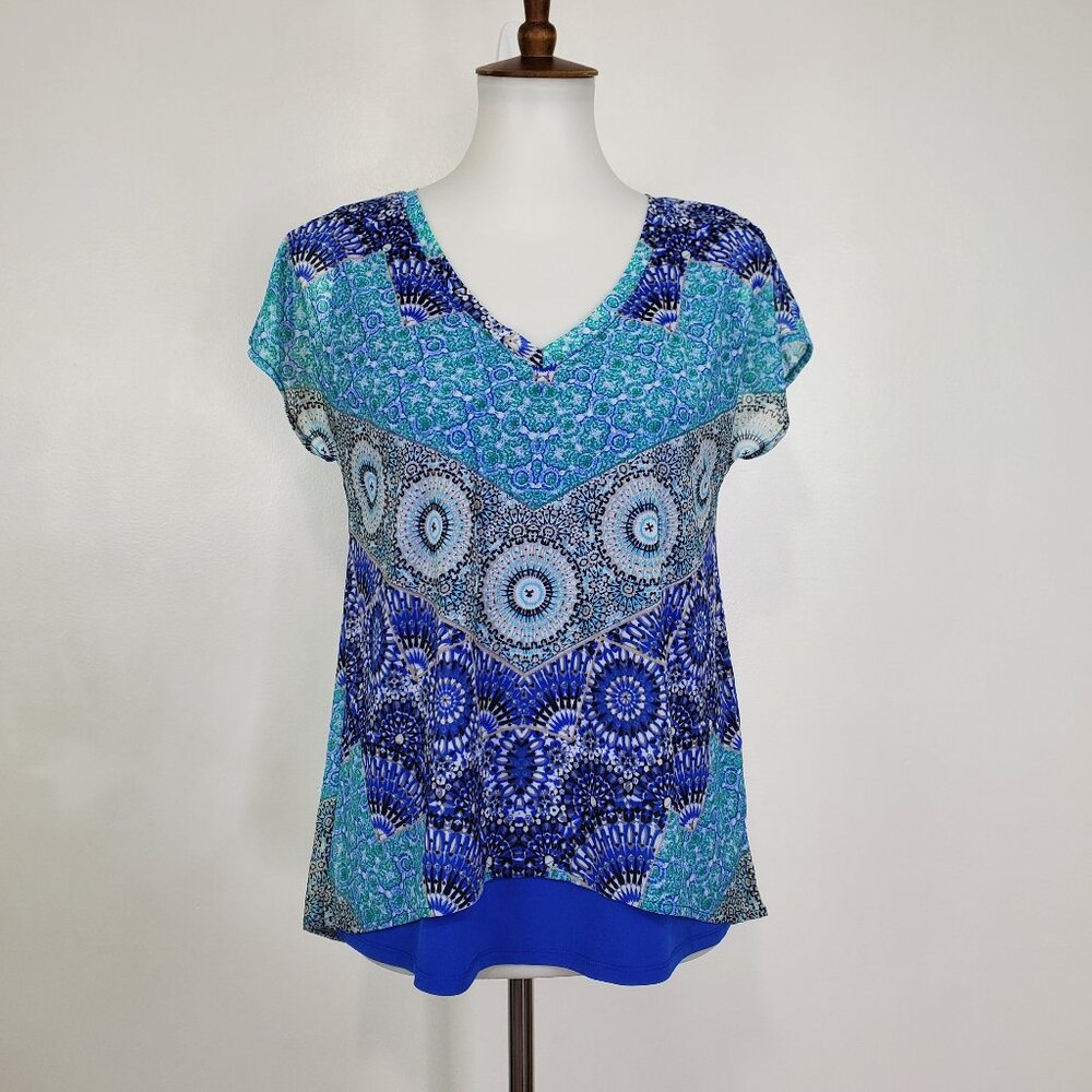 Dana Buchman Cap Short Sleeve Layered V-Neck Feminine Top Blouse Size S